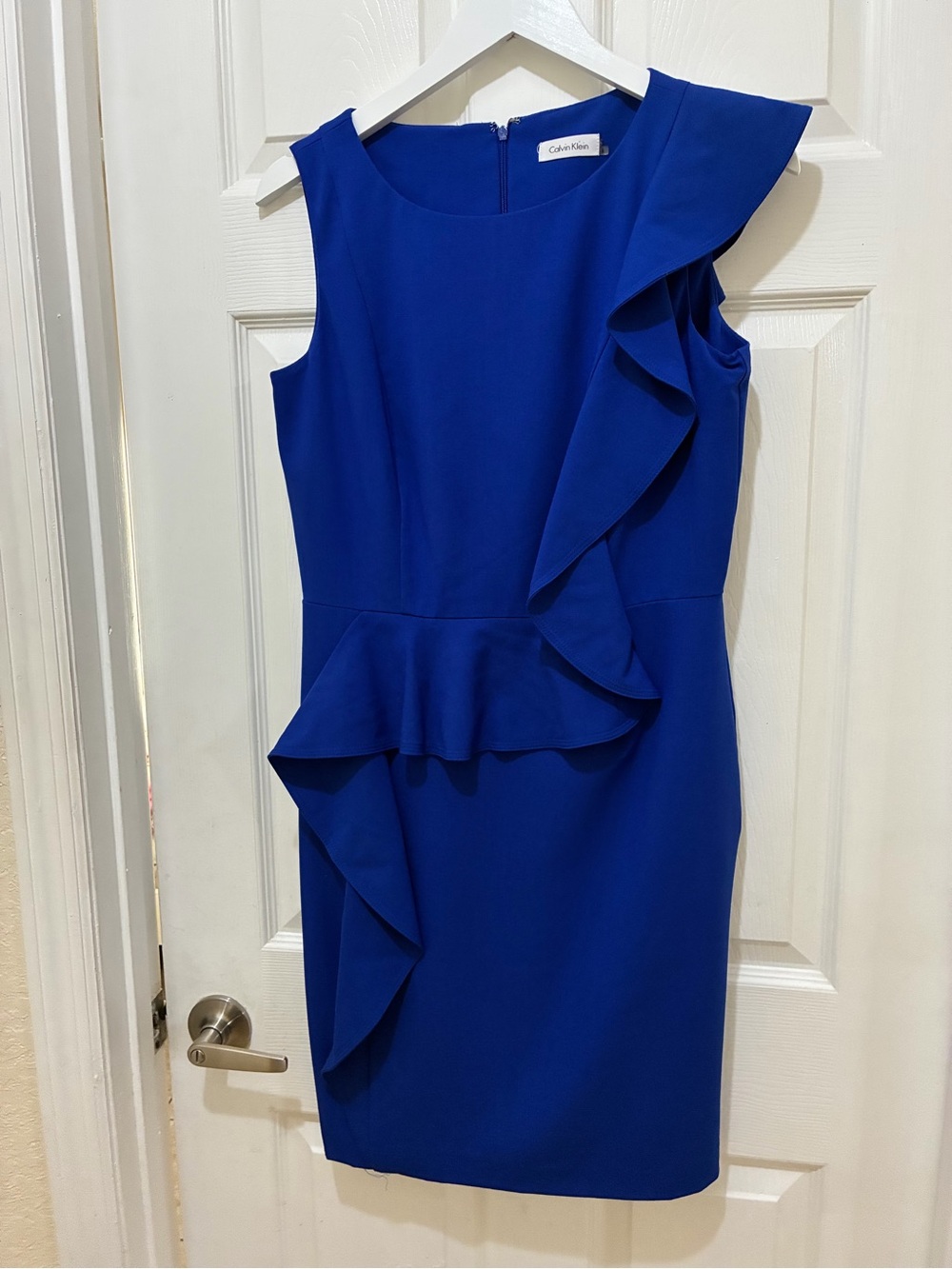 Calvin Klein Cobalt Blue Ruffle Midi Sheath Dress size 8